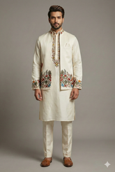 Ivory Beige Silk Kurta Set with Resham Embroidery