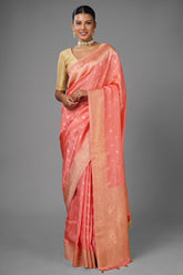 Flamingo Pink Woven Butti Saree in Muga Silk with Elephant and Peacock Motifs