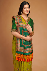 Olive Green Silk Broad Embroidered Border Saree with Tassels