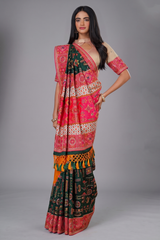 Forest Green Embroidered Saree in Silk with Contrast Border and Pallu