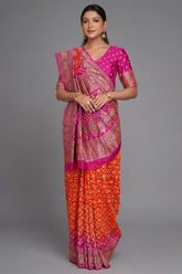 Rani Pink and Orange Bandhej Print Saree in Silk with Contrast Embroidery