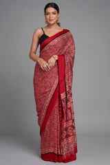 Maroon Art Silk Ajrakh Printed Saree with Paisley Motifs