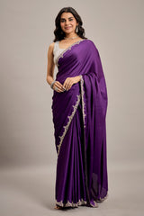 Deep Violet Satin Crepe Silk Saree with Diamond Embellishment Border