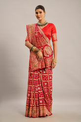 Red Georgette Checks Bandhej Woven Saree with Pitta and Cutdana Work