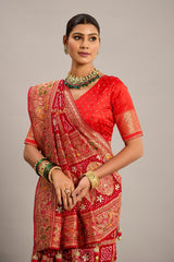 Red Georgette Checks Bandhej Woven Saree with Pitta and Cutdana Work