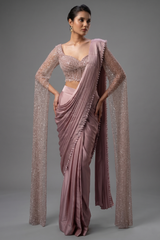 Lavender Satin Silk Ready to Wear Saree with Sequin Cutdana Work Cape Sleeved Blouse
