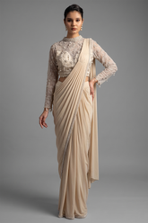 Off White Lycra Ready to Wear Saree with Embellished Beaded and Sequin Long Sleeve Crew Neck Blouse