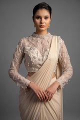 Off White Lycra Ready to Wear Saree with Embellished Beaded and Sequin Long Sleeve Crew Neck Blouse