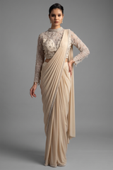 Off White Lycra Ready to Wear Saree with Embellished Beaded and Sequin Long Sleeve Crew Neck Blouse