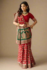 Maroon Semi Silk Checks Embroidered Traditional Gharchola Saree