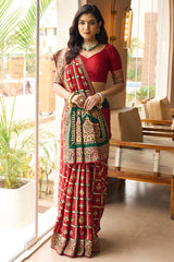 Maroon Semi Silk Checks Embroidered Traditional Gharchola Saree