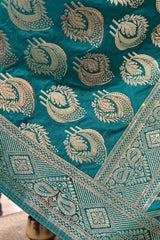 Teal Green Semi Silk Woven Saree with Swarovski Work