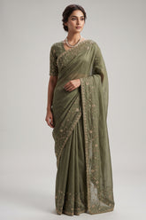 Olive Green Organza Saree with Cutdana and Diamond Work
