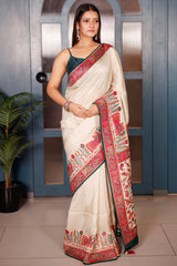 Cream Dola Silk Saree with Pashmina Print Border and Pallu