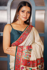 Cream Dola Silk Saree with Pashmina Print Border and Pallu