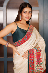 Cream Dola Silk Saree with Pashmina Print Border and Pallu