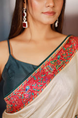 Cream Dola Silk Saree with Pashmina Print Border and Pallu