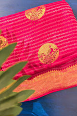 Pink Satin Shimmer Peacock Motifs Woven Butta Saree