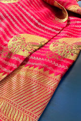 Pink Satin Shimmer Peacock Motifs Woven Butta Saree