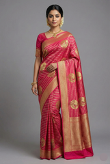 Pink Satin Shimmer Peacock Motifs Woven Butta Saree