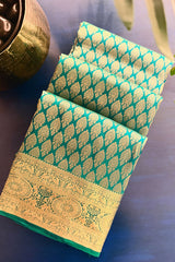 Turquoise Blue Kanchipuram Tissue Silk All Over Woven Saree with Green Highlight