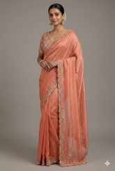 Coral Peach Soft Organza Silk Saree with Cutdana and Sequin Work