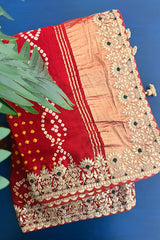 Maroon Cotton Silk Bandhej Saree with Embroidered Border