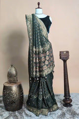 Green Georgette Traditional Bandhej Saree with Cutdana and Bead Work