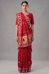 Red Dola Silk Bandhej Saree with Gota Work