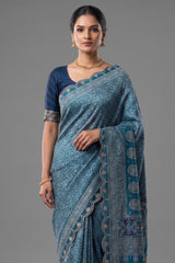 Blue Modal Silk Ajrakh Printed Saree with Gota and Applique Work