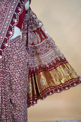 Maroon Modal Silk Ajrakh Printed Saree with Applique and Gota Work