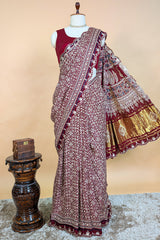 Maroon Modal Silk Ajrakh Printed Saree with Applique and Gota Work