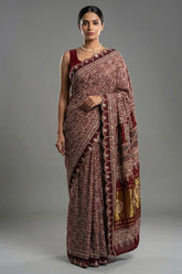 Maroon Modal Silk Ajrakh Printed Saree with Applique and Gota Work