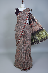 Dark Blue Modal Silk Ajrakh Printed Saree with Applique and Gota Work