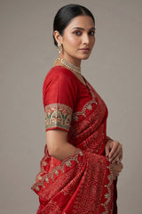 Red Modal Silk Ajrakh Printed Saree with Applique and Gota Work