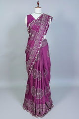 Mauve Modal Silk Ajrakh Printed Saree with Applique and Gota Work