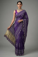Purple Modal Silk Ajrakh Printed Saree with Applique and Gota Work