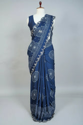 Blue Modal Silk Ajrakh Printed Saree with Applique and Gota Work