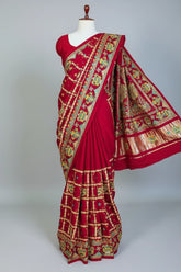 Maroon Gaji Silk Traditional Checks Gharchola Saree with Embroidery