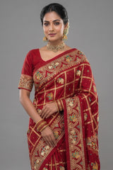 Maroon Gaji Silk Traditional Checks Gharchola Saree