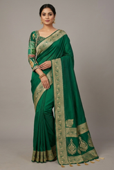 Green Dola Silk Saree with Full Sleeved Readymade Handworked Blouse