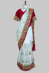 Pearl White Gaji Silk Bridal Panetar Saree with Embroidery