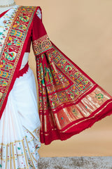 Pearl White Gaji Silk Bridal Panetar Saree with Embroidery