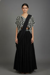 Black Chinon Silk Pre Drape Lehenga Saree with Sequin Cutdana Worked Poncho Cape