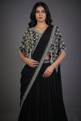 Black Chinon Silk Pre Drape Lehenga Saree with Sequin Cutdana Worked Poncho Cape