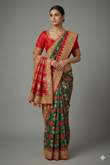 Green and Red Silk Traditional Patola Saree with Zardosi and Beads Work