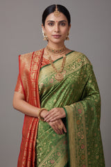 Green Banarasi Silk Floral Meenakari Woven Saree