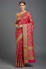 Rani Pink Banarasi Silk All Over Woven Saree with Handwork