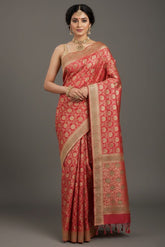 Rose Pink Banarasi Silk Traditional Floral Woven Saree with Beads and Zardosi Work