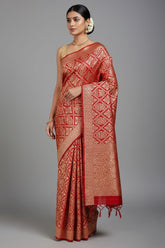 Red Banarasi Silk Traditional Checks Woven Saree